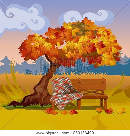 A Wooden Bench With A Plaid Blanket Under The Autumn Tree. Vector Cartoon Close-up Illustration.