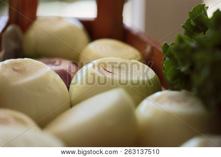 Peeled Onions On A Buffet. Healthy Food Concept. Cropped Blurred. Close-up. Isolated.
