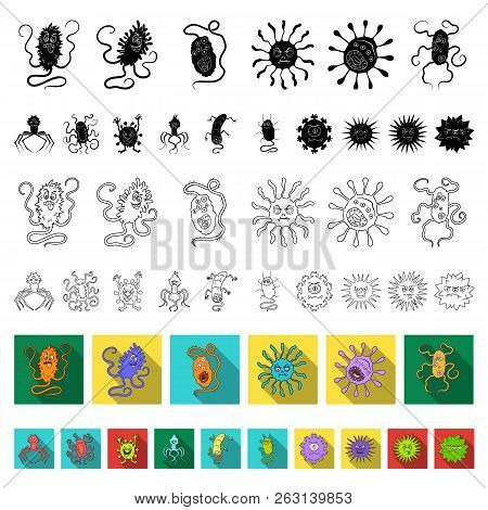 Types Of Funny Microbes Flat Icons In Set Collection For Design. Microbes Pathogenic Vector Symbol S