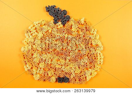 Halloween Tricolore Pasta On Orange Background,minimal Food Concept.