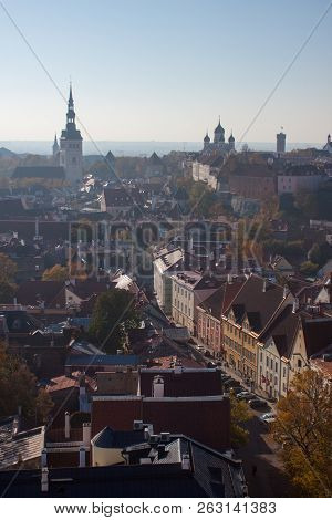 Aerial View Of The The Old Tallinn, Estonia, From The St. Olav's Church Tower In Autumn