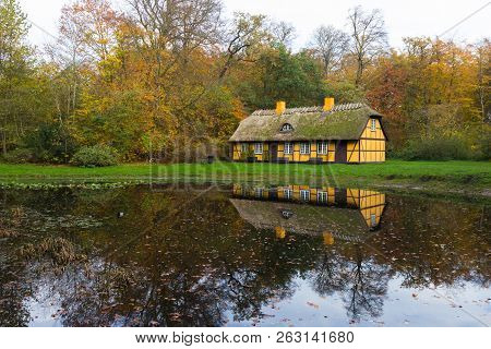 Old Timbered House In Charlottenlund, Denmark. Photo Taken In Public Park.