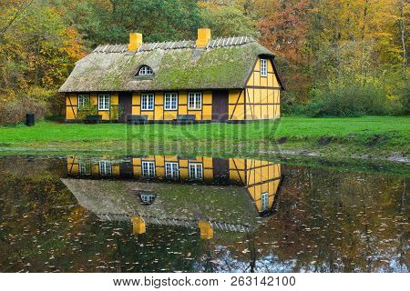 Old Timbered House In Charlottenlund, Denmark. Photo Taken In Public Park.