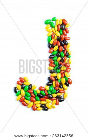 J Letter Of Alphabet Made Of Candy Isolated On White Background