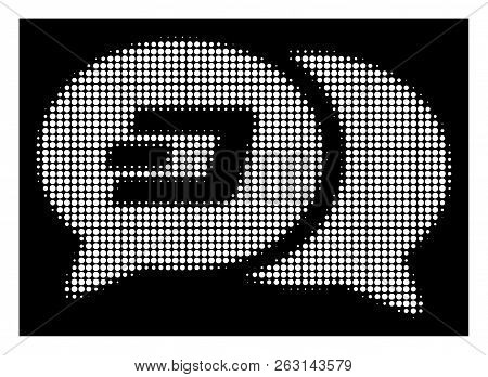 Halftone Dotted Dash Chat Messages Icon. White Pictogram With Dotted Geometric Pattern On A Black Ba