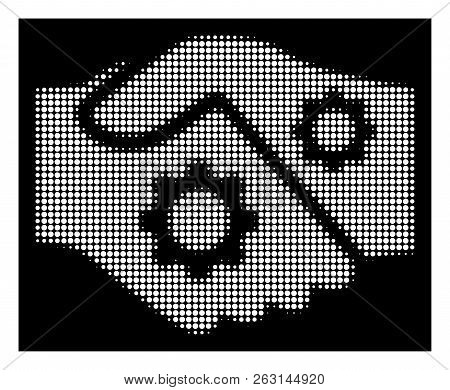 Halftone Pixelated Smart Contract Handshake Icon. White Pictogram With Pixelated Geometric Pattern O
