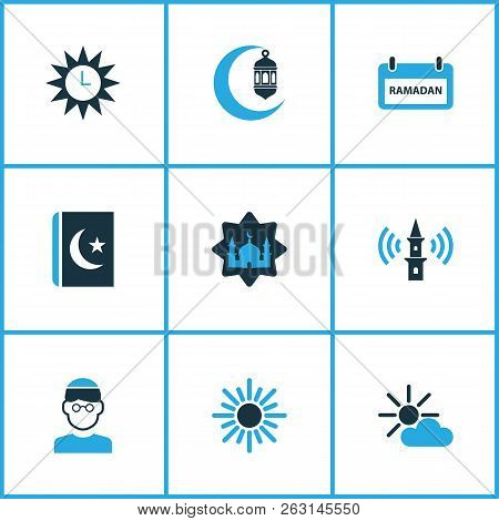 Ramadan Icons Colored Set With Asr, Masjid, Crescent And Other Sun Elements. Isolated  Illustration 