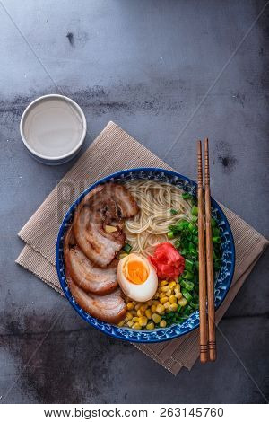 Japanese Tonkotsu Ramen, Pork Bone Broth Noodles, Copy Space
