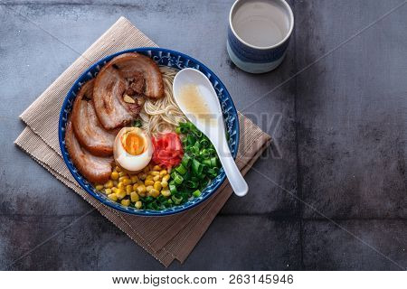 Ramen Noodles In Tonkotsu Broth, Top View, Copy Space