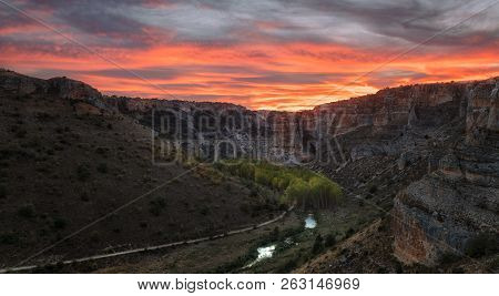 Sunset Over Riaza Canyon In Segovia, Spain