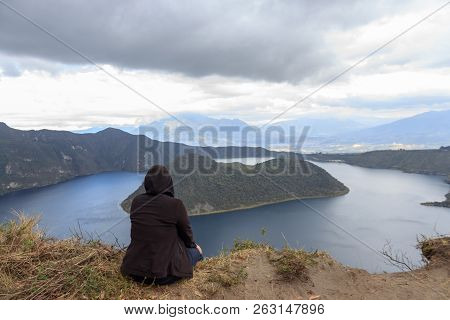 View On A Tourist At Vulcano Lake Cuicocha Close To Otavalo, Ecuador