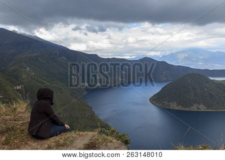 View On A Tourist At Vulcano Lake Cuicocha Close To Otavalo, Ecuador