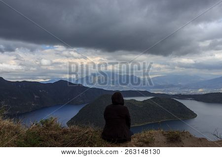 View On A Tourist At Vulcano Lake Cuicocha Close To Otavalo, Ecuador