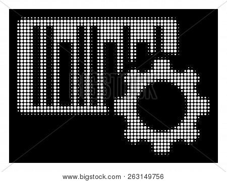 Halftone Dotted Bar Code Settings Icon. White Pictogram With Dotted Geometric Structure On A Black B
