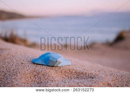 Blue Wooden Turtle On The Beach. 