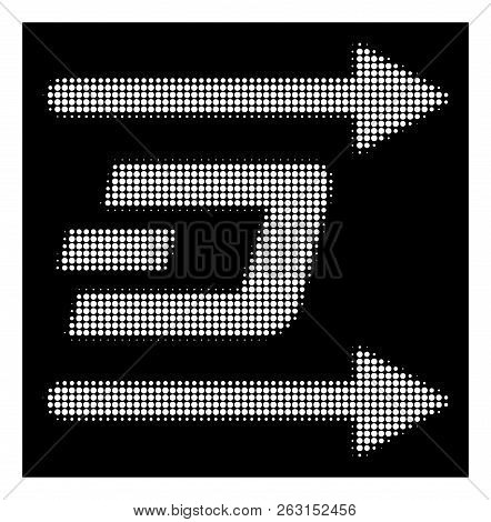 Halftone Dotted Dash Send Arrows Icon. White Pictogram With Dotted Geometric Pattern On A Black Back