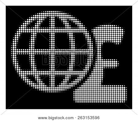 Halftone Pixelated Global Pound Finances Icon. White Pictogram With Pixelated Geometric Pattern On A
