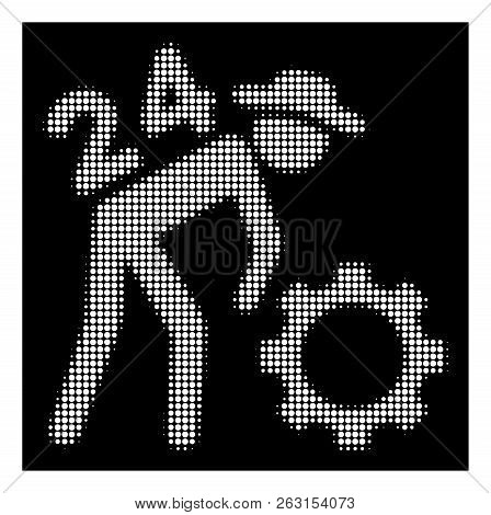 Halftone Dotted Nonstop Working Person Icon. White Pictogram With Dotted Geometric Pattern On A Blac