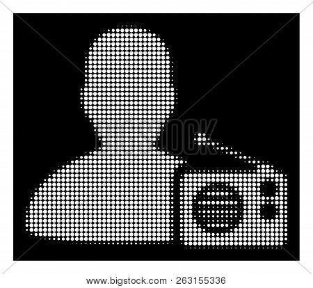 Halftone Pixel Radio Dictor Icon. White Pictogram With Pixel Geometric Pattern On A Black Background