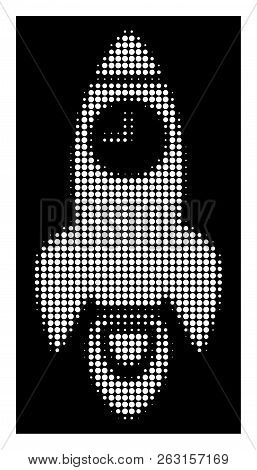 Halftone Dotted Space Rocket Time Icon. White Pictogram With Dotted Geometric Pattern On A Black Bac