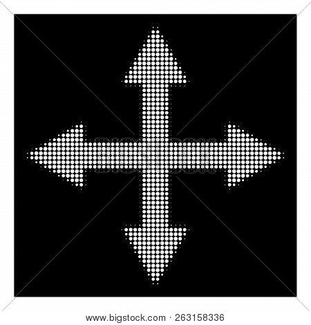 Halftone Pixelated Quadro Arrows Icon. White Pictogram With Pixelated Geometric Structure On A Black