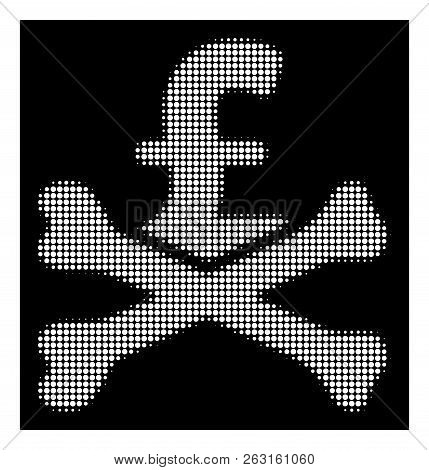 Halftone Pixel Mortal Pound Debt Icon. White Pictogram With Pixel Geometric Structure On A Black Bac
