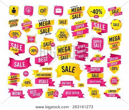 Sales Banner. Super Mega Discounts. Business Icons. Human Silhouette And Presentation Board With Cha