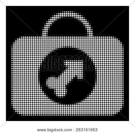 Halftone Pixel Male Erection Case Icon. White Pictogram With Pixel Geometric Pattern On A Black Back