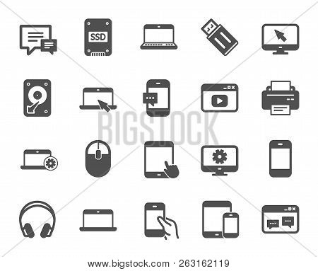 Mobile Devices Icons. Set Of Laptop, Tablet Pc And Smartphone Signs. Hdd, Ssd And Flash Drives. Head