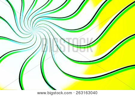Citrus Swirl Background. Graceful Spiral Of Graphic Blue And Green Lines Over A White And Yellow Fie