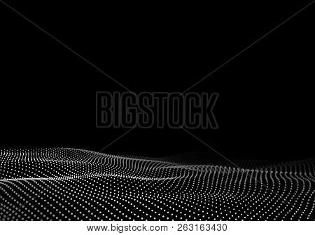 Abstract Wave Dots In Dark Background. Technology Vector Background. Big Data. Vector Illustration.