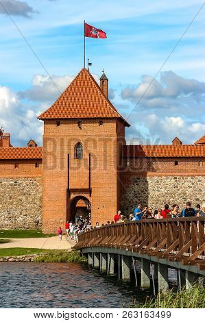 Trakai, Lithuania - Circa August, 2018. View Of Trakai Castle In Sunny Day, Lake Galve, Lithuania. D