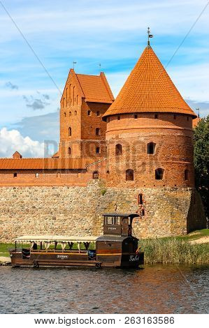 Trakai, Lithuania - Circa August, 2018. View Of Trakai Castle In Sunny Day, Lake Galve, Lithuania. D