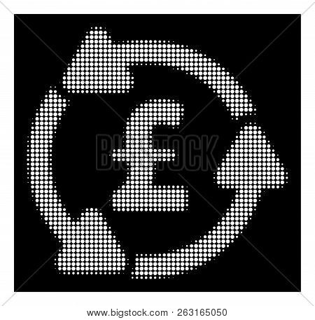 Halftone Pixel Pound Circulation Icon. White Pictogram With Pixel Geometric Pattern On A Black Backg