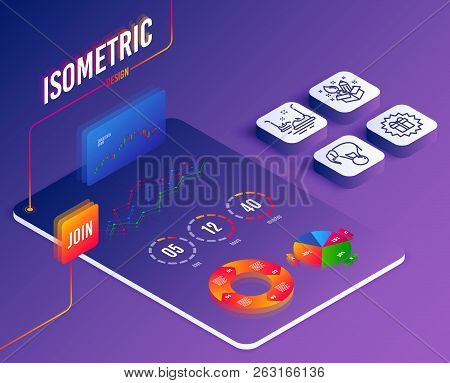 Isometric Vector. Set Of Surprise Gift, Bumper Cars And Creativity Icons. Elephant On Ball Sign. Sho