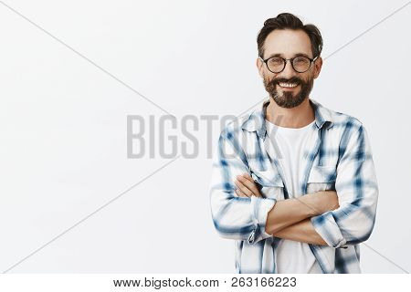 Grandads Can Be Cool, Look At Me. Portrait Of Charming And Carefree Adult Man With Wrinkles And Bear