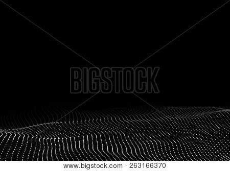 Abstract Wave Dots In Dark Background. Technology Vector Background. Big Data. Vector Illustration.