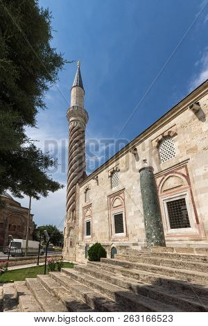Edirne, Turkey - May 26, 2018:  Uc Serefeli Mosque Mosque In The Center Of City Of Edirne,  East Thr