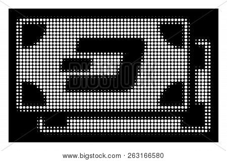 Halftone Dotted Dash Banknotes Icon. White Pictogram With Dotted Geometric Pattern On A Black Backgr