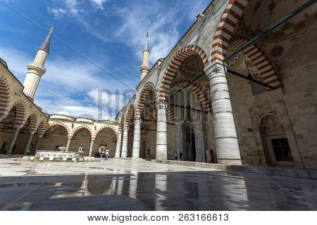 Edirne, Turkey - May 26, 2018:  Uc Serefeli Mosque Mosque In The Center Of City Of Edirne,  East Thr