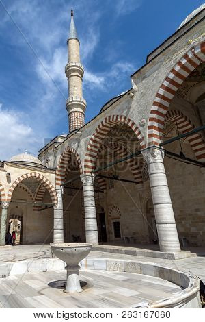 Edirne, Turkey - May 26, 2018:  Uc Serefeli Mosque Mosque In The Center Of City Of Edirne,  East Thr