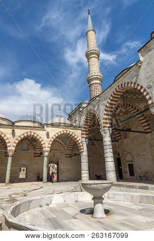 Edirne, Turkey - May 26, 2018:  Uc Serefeli Mosque Mosque In The Center Of City Of Edirne,  East Thr