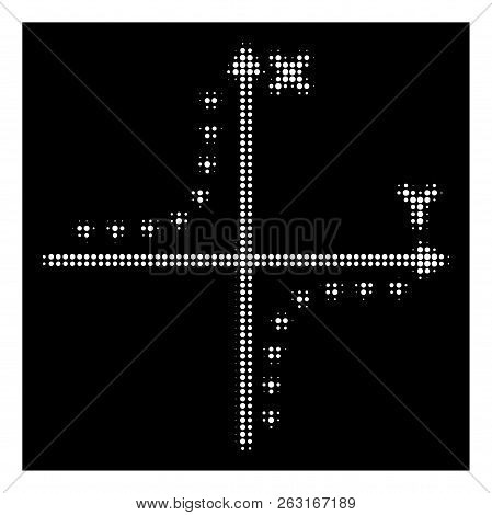 Halftone Pixel Dotted Hyperbola Plot Icon. White Pictogram With Pixel Geometric Structure On A Black