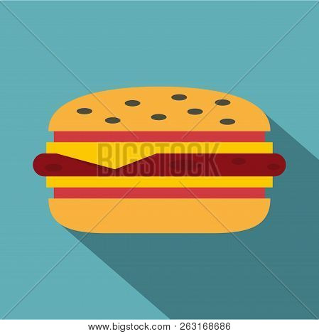 Classic Cheeseburger Icon. Flat Illustration Of Classic Cheeseburger Icon For Web On Baby Blue Backg
