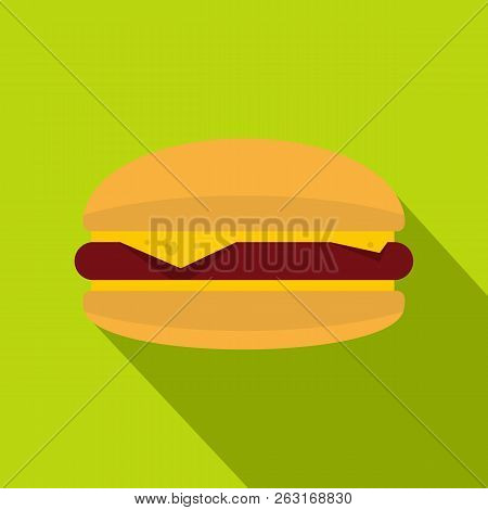 Burger With Cheese, Meat Patty And Bun Icon. Flat Illustration Of Burger With Cheese, Meat Patty And