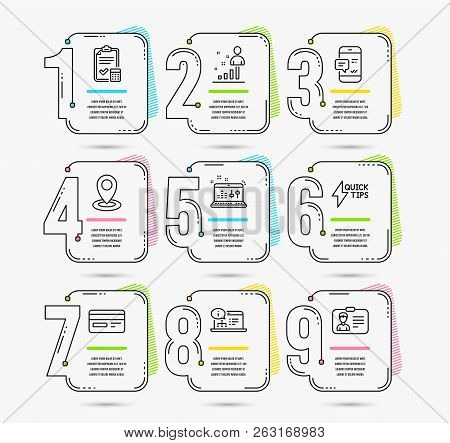 Infographic Template With Numbers 9 Options. Set Of Stats, Location And Quickstart Guide Icons. Smar