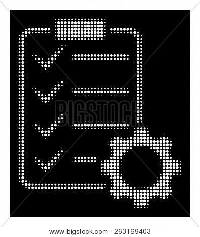 Halftone Pixelated Smart Contract Gear Icon. White Pictogram With Pixelated Geometric Structure On A