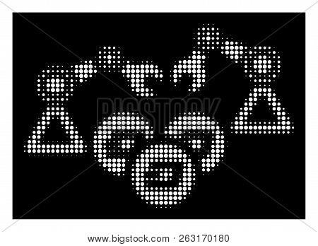 Halftone Dotted Dash Mining Robotics Icon. White Pictogram With Dotted Geometric Pattern On A Black 