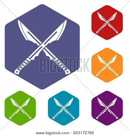 Japanese Tanto Daggers Icons Set Hexagon Isolated Illustration