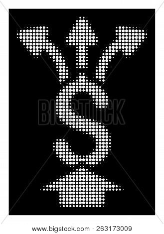 Halftone Dotted Share Money Icon. White Pictogram With Dotted Geometric Pattern On A Black Backgroun